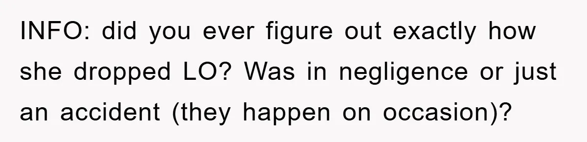 INFO: did you ever figure out exactly how she dropped LO? Was in negligence or just an accident (they happen on occasion)?