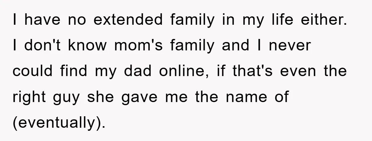 I have no extended family in my life either. I don't know mom's family and I never could find my dad online, if that's even the right guy she gave...