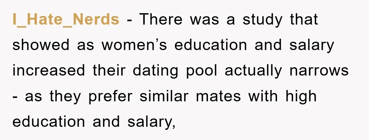 I_Hate_Nerds − There was a study that showed as women’s education and salary increased their dating pool actually narrows - as they prefer similar mates with high education and salary,