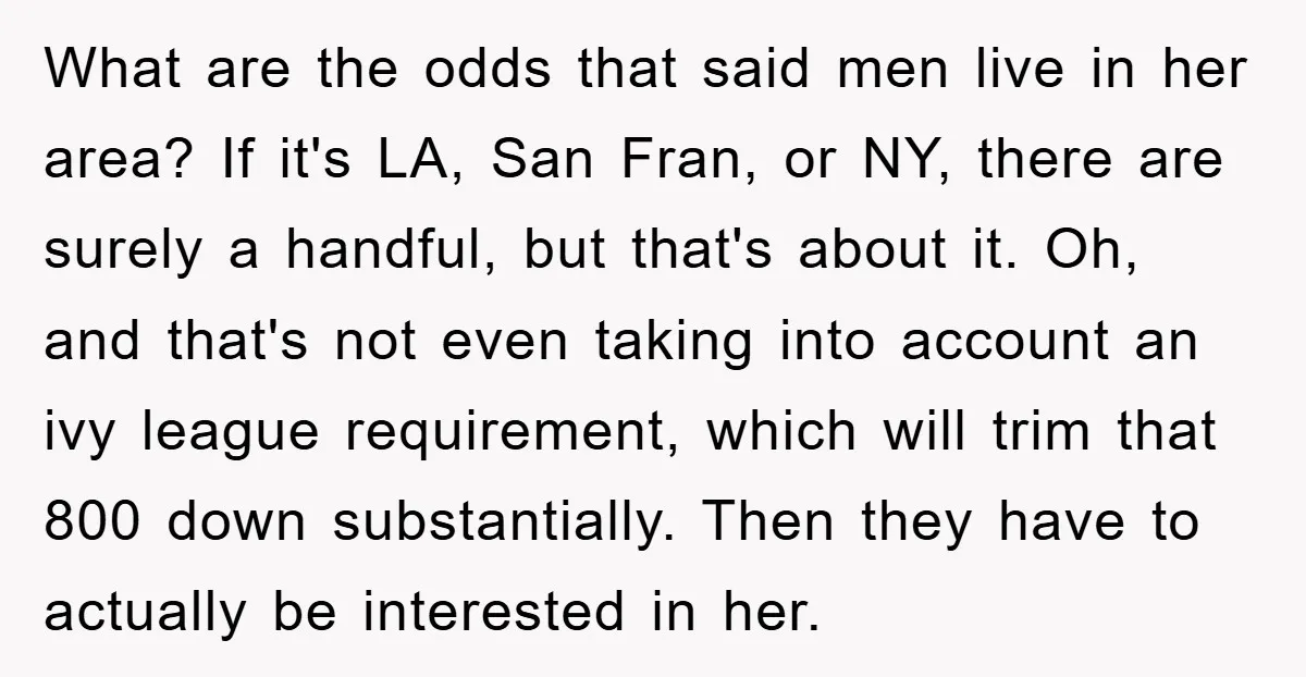 What are the odds that said men live in her area? If it's LA, San Fran, or NY, there are surely a handful, but that's about it. Oh, and that's...