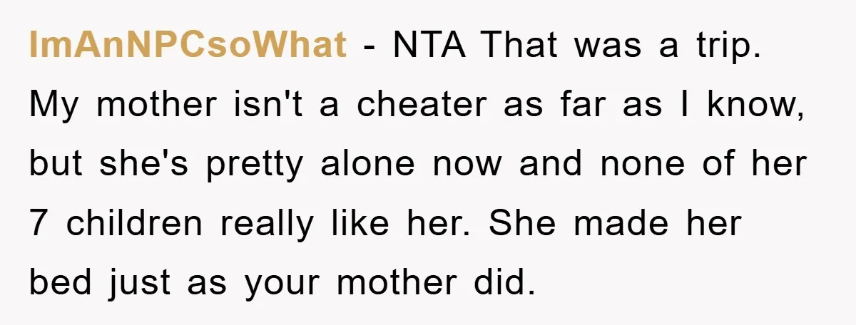 ImAnNPCsoWhat - NTA That was a trip. My mother isn't a cheater as far as I know, but she's pretty alone now and none of her 7 children really like...