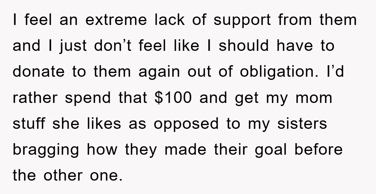 I feel an extreme lack of support from them and I just don’t feel like I should have to donate to them again out of obligation. I’d rather spend that...