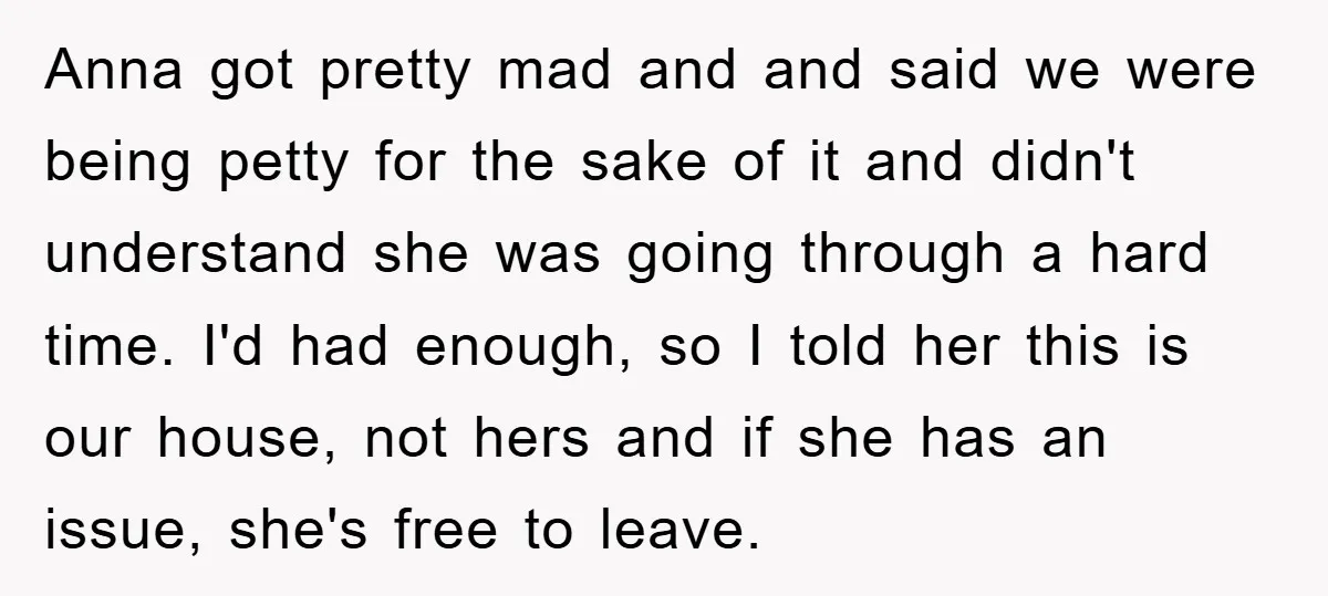 Anna got pretty mad and and said we were being petty for the sake of it and didn't understand she was going through a hard time. I'd had enough, so...