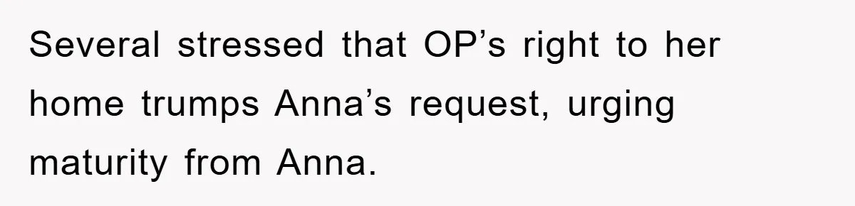 Several stressed that OP’s right to her home trumps Anna’s request, urging maturity from Anna.
