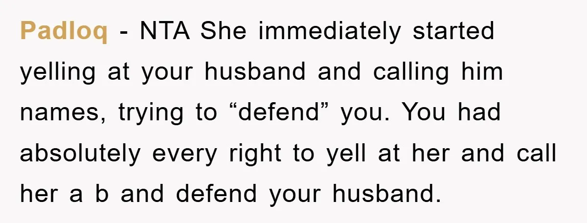 Padloq - NTA She immediately started yelling at your husband and calling him names, trying to “defend” you. You had absolutely every right to yell at her and call her...