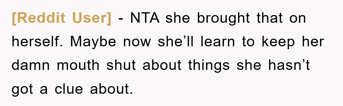 [Reddit User] - NTA she brought that on herself. Maybe now she’ll learn to keep her damn mouth shut about things she hasn’t got a clue about.