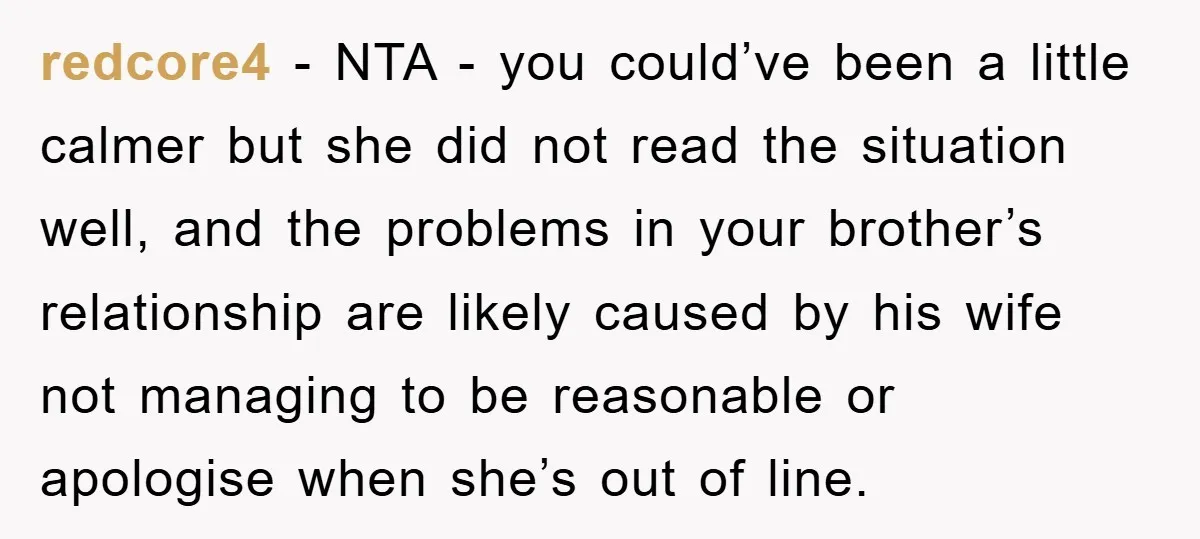 redcore4 - NTA - you could’ve been a little calmer but she did not read the situation well, and the problems in your brother’s relationship are likely caused by his...
