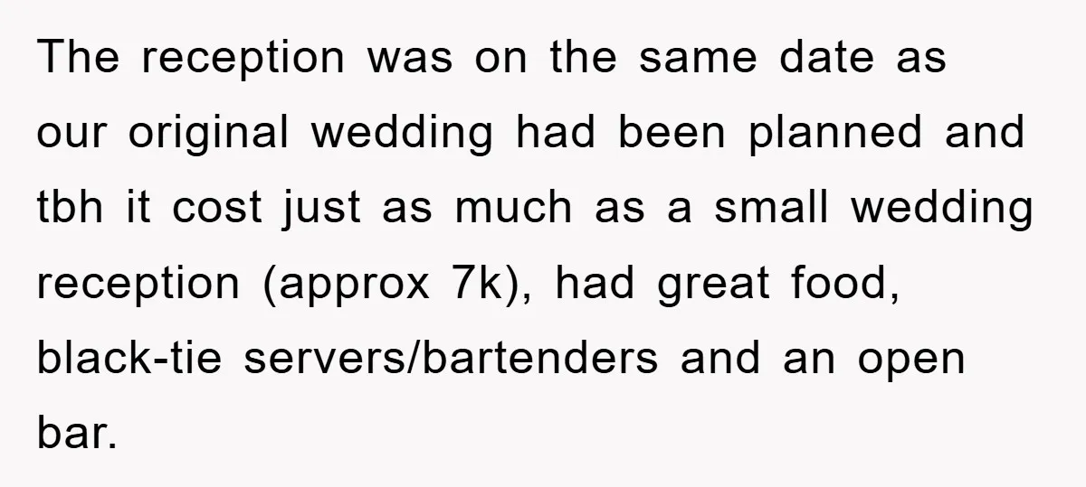 The reception was on the same date as our original wedding had been planned and tbh it cost just as much as a small wedding reception (approx 7k), had great...
