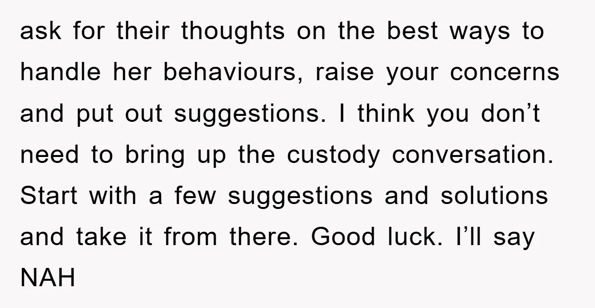 ask for their thoughts on the best ways to handle her behaviours, raise your concerns and put out suggestions. I think you don’t need to bring up the custody conversation....