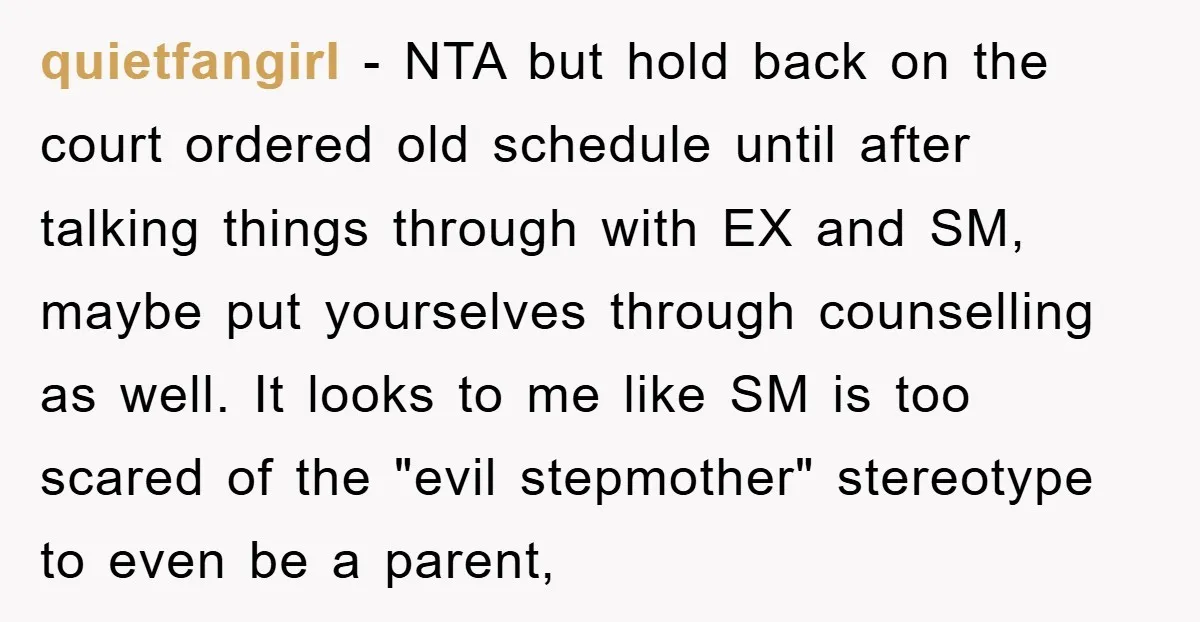 quietfangirl − NTA but hold back on the court ordered old schedule until after talking things through with EX and SM, maybe put yourselves through counselling as well. It looks...