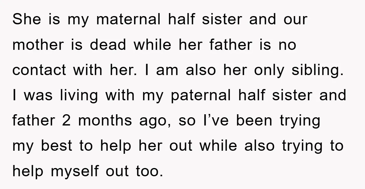 She is my maternal half sister and our mother is dead while her father is no contact with her. I am also her only sibling. I was living with my...