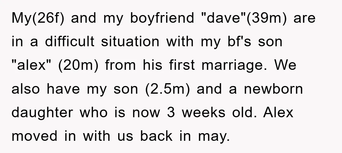My(26f) and my boyfriend "dave"(39m) are in a difficult situation with my bf's son "alex" (20m) from his first marriage. We also have my son (2.5m) and a newborn daughter...