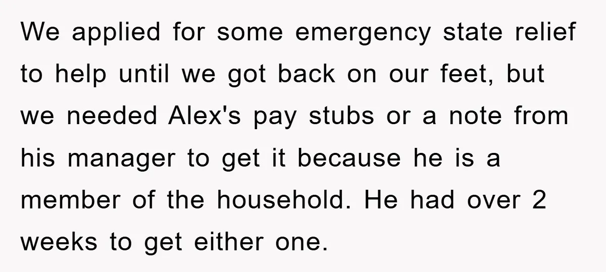 We applied for some emergency state relief to help until we got back on our feet, but we needed Alex's pay stubs or a note from his manager to get...