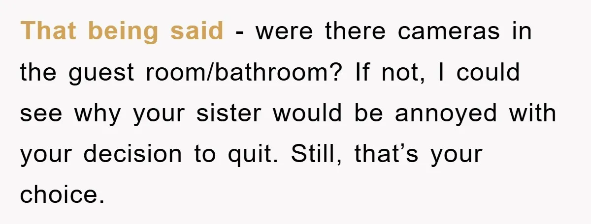 That being said - were there cameras in the guest room/bathroom? If not, I could see why your sister would be annoyed with your decision to quit. Still, that’s your...