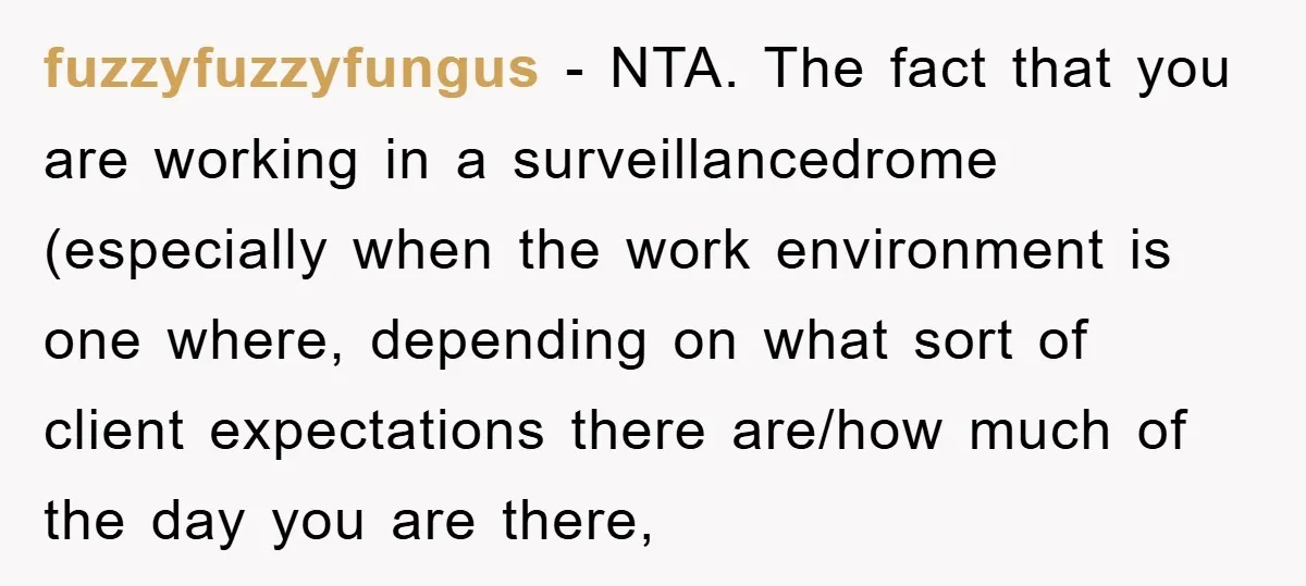 fuzzyfuzzyfungus − NTA. The fact that you are working in a surveillancedrome (especially when the work environment is one where, depending on what sort of client expectations there are/how much...