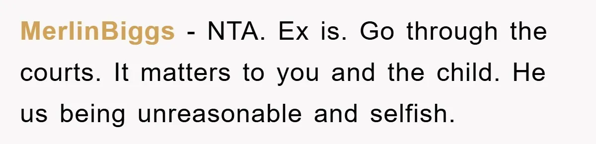 MerlinBiggs − NTA. Ex is. Go through the courts. It matters to you and the child. He us being unreasonable and selfish.