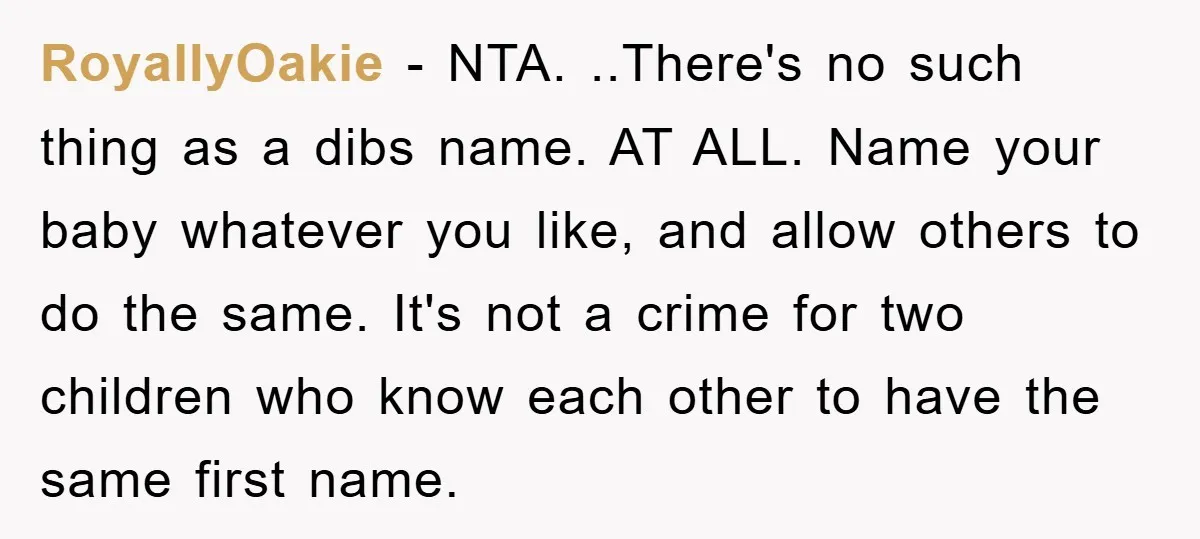 RoyallyOakie − NTA. ..There's no such thing as a dibs name. AT ALL. Name your baby whatever you like, and allow others to do the same. It's not a crime...