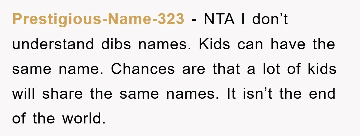 Prestigious-Name-323 − NTA I don’t understand dibs names. Kids can have the same name. Chances are that a lot of kids will share the same names. It isn’t the end...