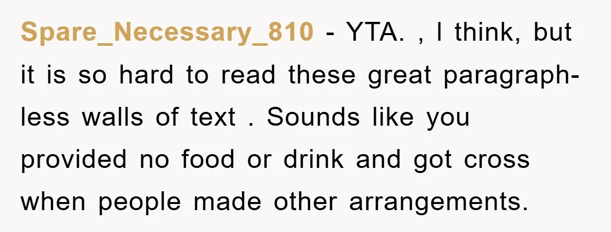 Spare_Necessary_810 − YTA. , l think, but it is so hard to read these great paragraph-less walls of text . Sounds like you provided no food or drink and got...