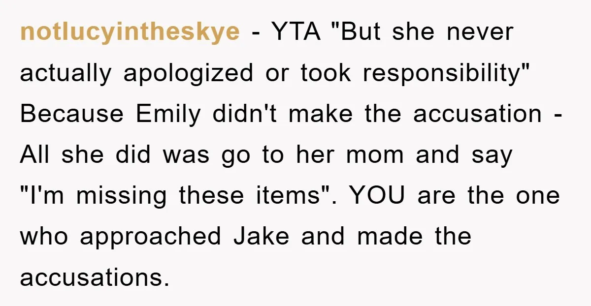 notlucyintheskye − YTA "But she never actually apologized or took responsibility" Because Emily didn't make the accusation - All she did was go to her mom and say "I'm missing...