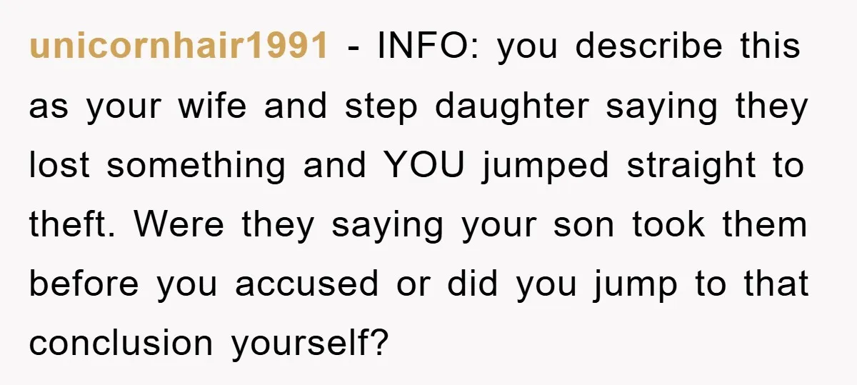 unicornhair1991 − INFO: you describe this as your wife and step daughter saying they lost something and YOU jumped straight to theft. Were they saying your son took them before...