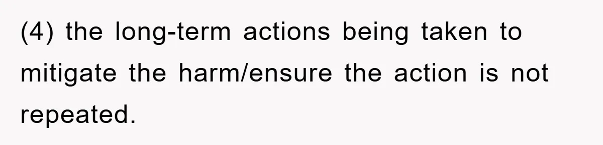 (4) the long-term actions being taken to mitigate the harm/ensure the action is not repeated.