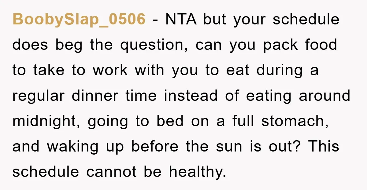 BoobySlap_0506 − NTA but your schedule does beg the question, can you pack food to take to work with you to eat during a regular dinner time instead of eating...