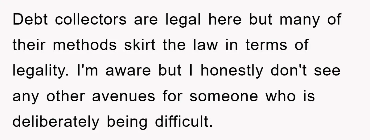 Debt collectors are legal here but many of their methods skirt the law in terms of legality. I'm aware but I honestly don't see any other avenues for someone who...