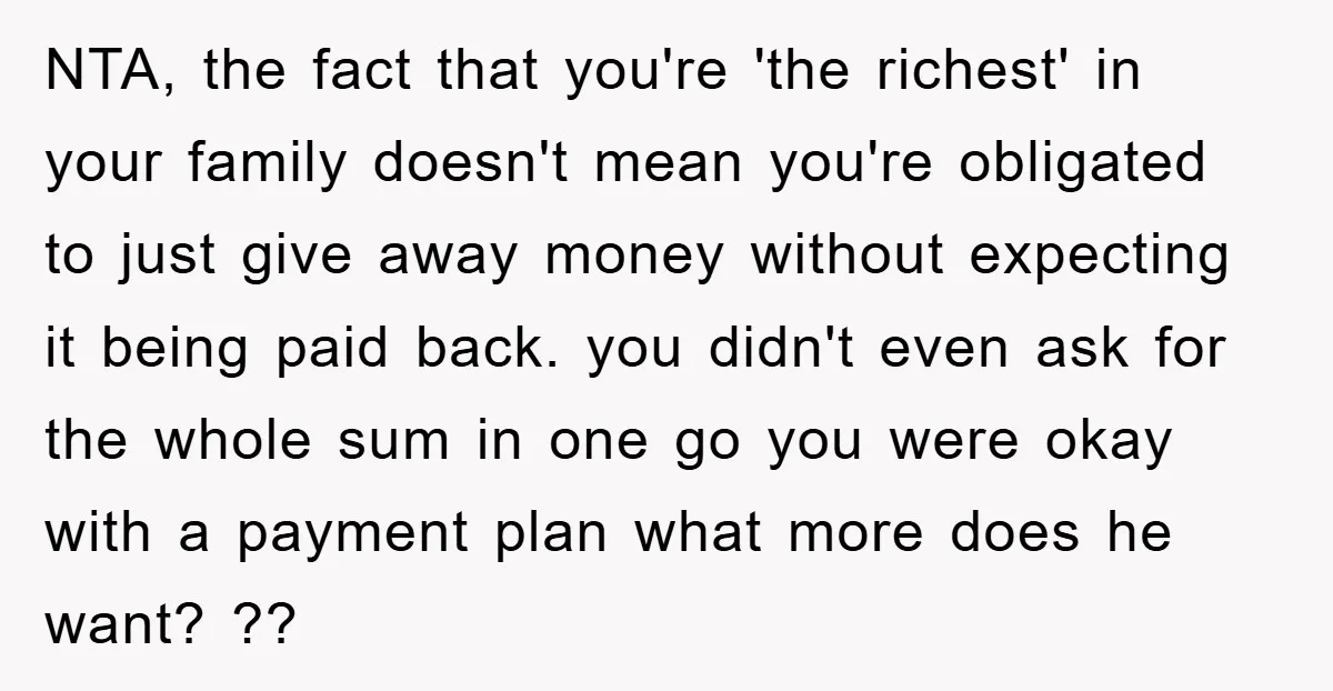 NTA, the fact that you're 'the richest' in your family doesn't mean you're obligated to just give away money without expecting it being paid back. you didn't even ask for...