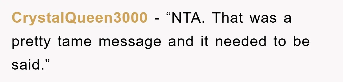 CrystalQueen3000 - “NTA. That was a pretty tame message and it needed to be said.”