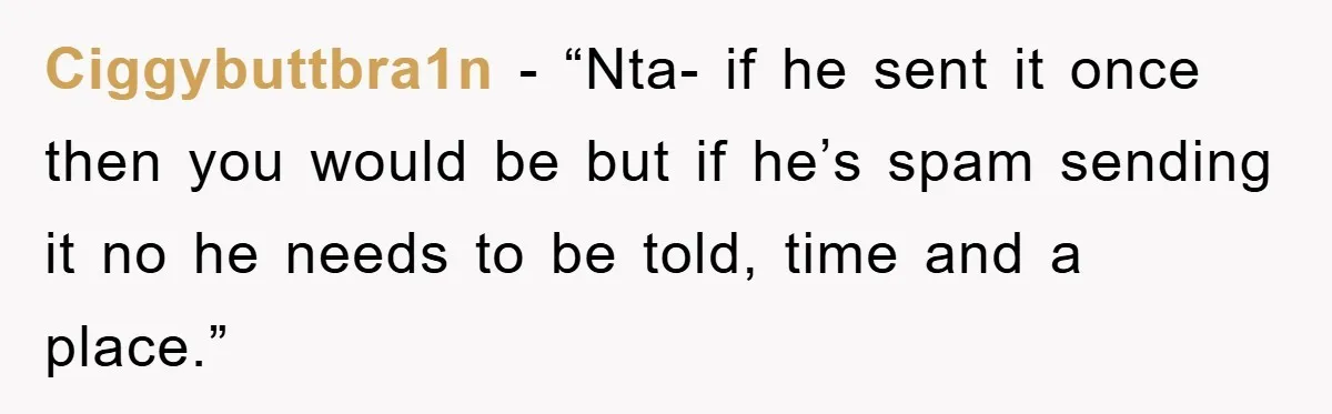 Ciggybuttbra1n - “Nta- if he sent it once then you would be but if he’s spam sending it no he needs to be told, time and a place.”