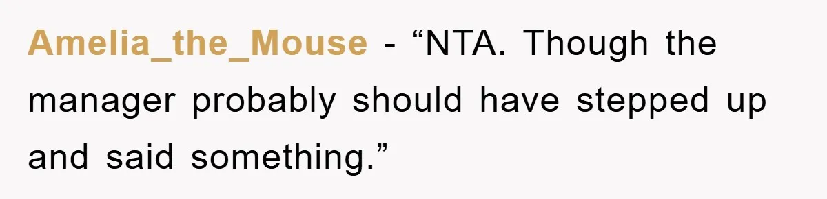 Amelia_the_Mouse - “NTA. Though the manager probably should have stepped up and said something.”