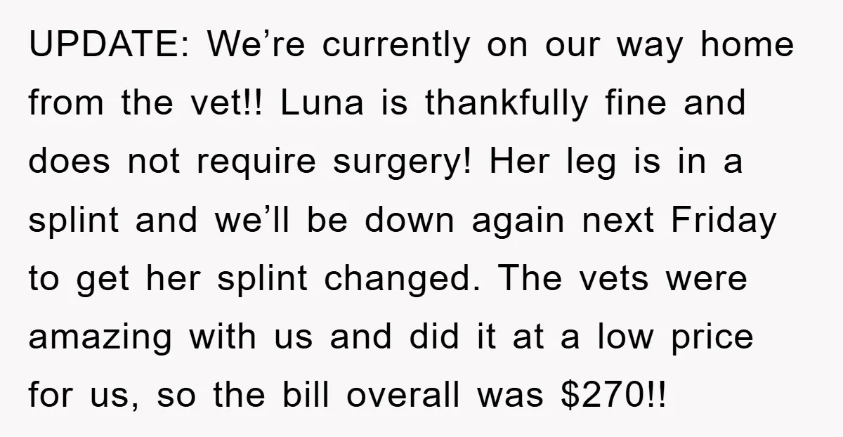 UPDATE: We’re currently on our way home from the vet!! Luna is thankfully fine and does not require surgery! Her leg is in a splint and we’ll be down again...
