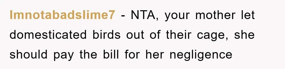 Imnotabadslime7 − NTA, your mother let domesticated birds out of their cage, she should pay the bill for her negligence
