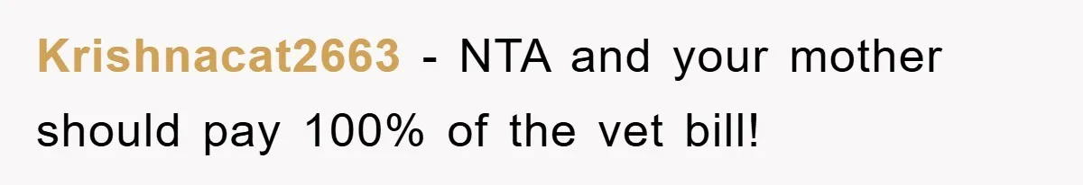 Krishnacat2663 − NTA and your mother should pay 100% of the vet bill!