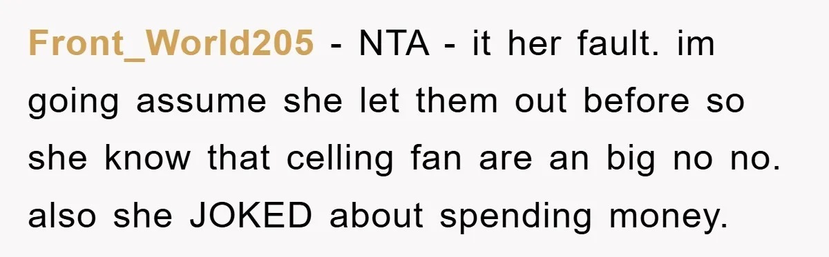 Front_World205 − NTA - it her fault. im going assume she let them out before so she know that celling fan are an big no no. also she JOKED about...