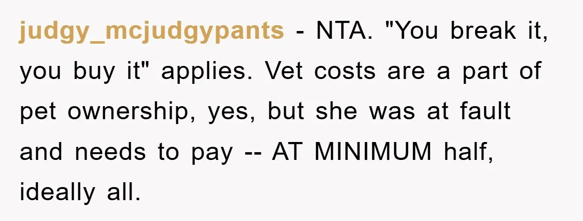 judgy_mcjudgypants − NTA. "You break it, you buy it" applies. Vet costs are a part of pet ownership, yes, but she was at fault and needs to pay -- AT...