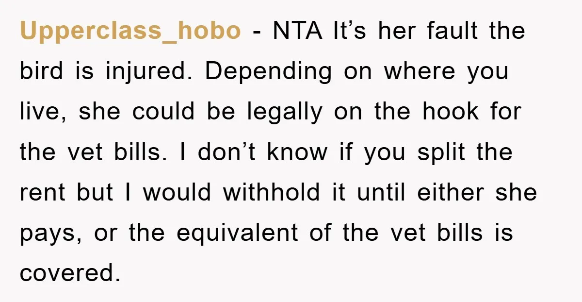 Upperclass_hobo − NTA It’s her fault the bird is injured. Depending on where you live, she could be legally on the hook for the vet bills. I don’t know if...