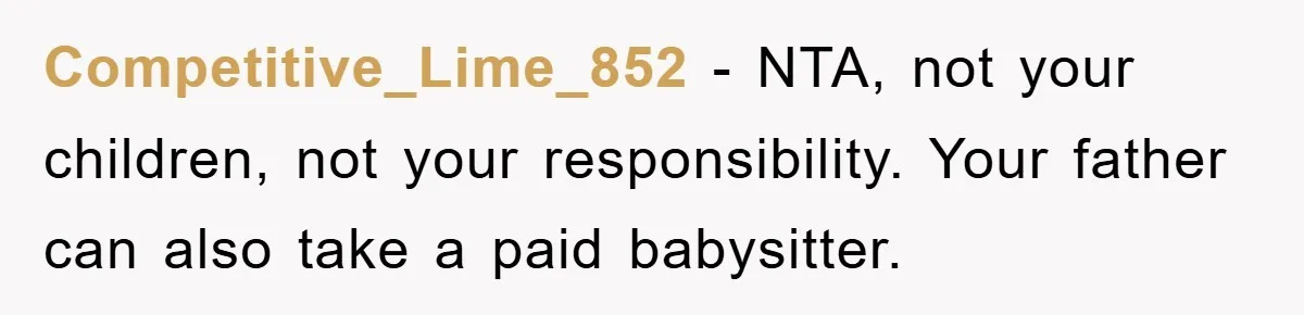 Competitive_Lime_852 − NTA, not your children, not your responsibility. Your father can also take a paid babysitter.