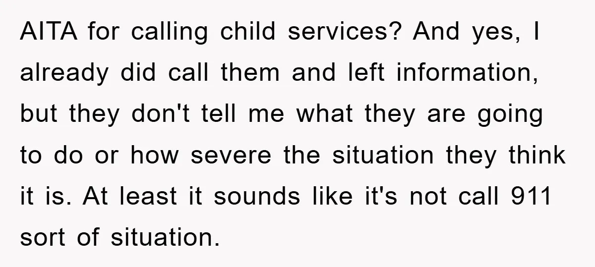 AITA for calling child services? And yes, I already did call them and left information, but they don't tell me what they are going to do or how severe the...