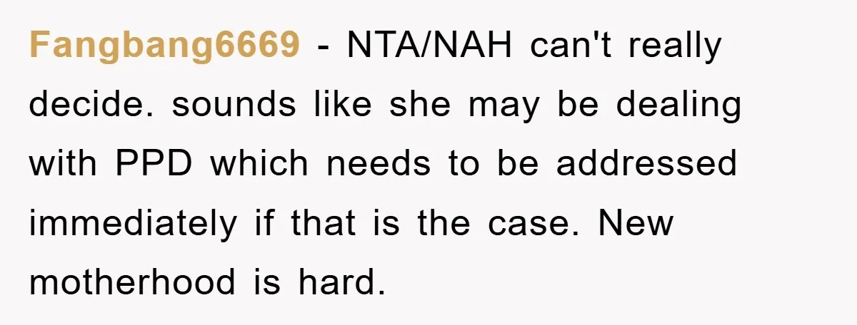 Fangbang6669 − NTA/NAH can't really decide. sounds like she may be dealing with PPD which needs to be addressed immediately if that is the case. New motherhood is hard.