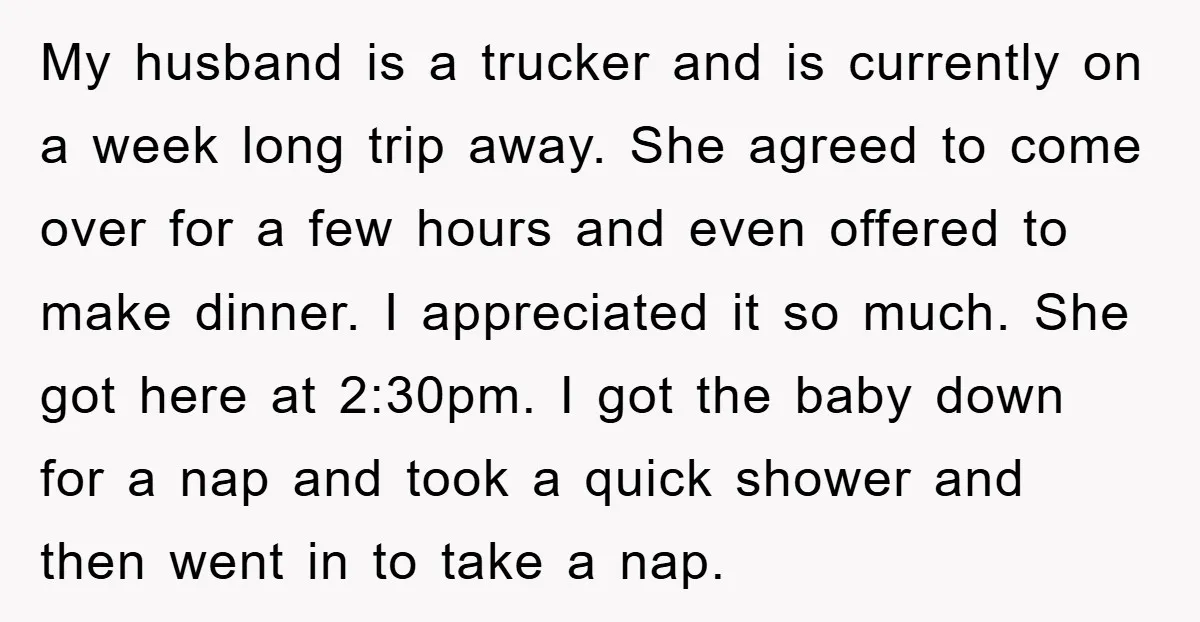 My husband is a trucker and is currently on a week long trip away. She agreed to come over for a few hours and even offered to make dinner. I...