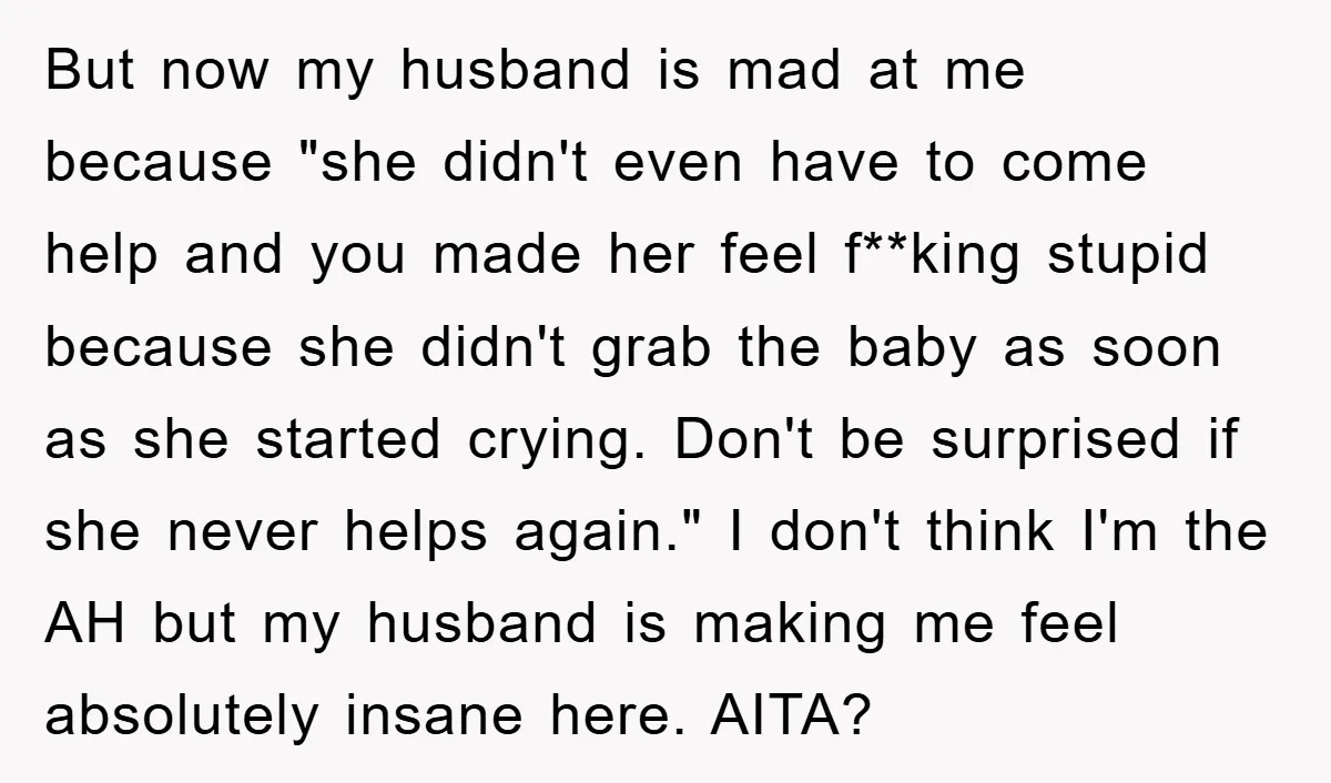 But now my husband is mad at me because "she didn't even have to come help and you made her feel f**king stupid because she didn't grab the baby as...