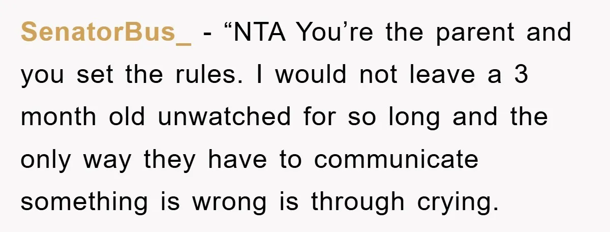 SenatorBus_ - “NTA You’re the parent and you set the rules. I would not leave a 3 month old unwatched for so long and the only way they have to...