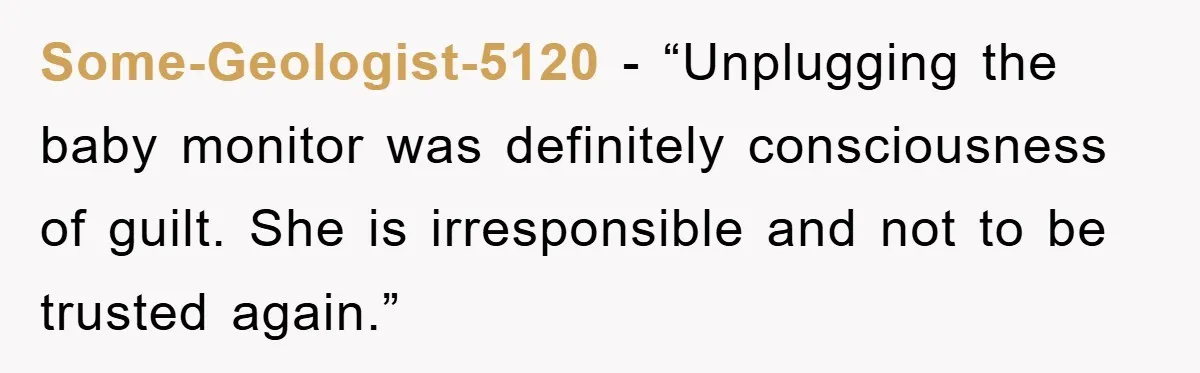 Some-Geologist-5120 - “Unplugging the baby monitor was definitely consciousness of guilt. She is irresponsible and not to be trusted again.”