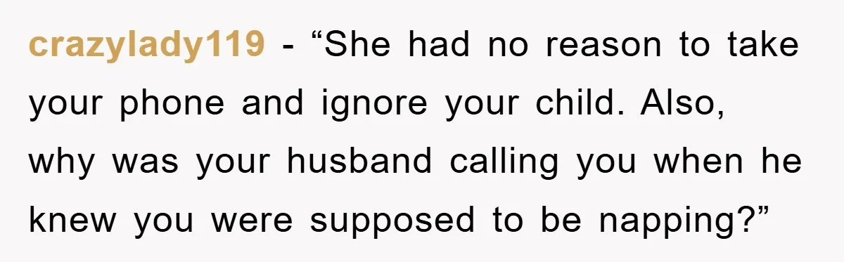 crazylady119 - “She had no reason to take your phone and ignore your child. Also, why was your husband calling you when he knew you were supposed to be napping?”