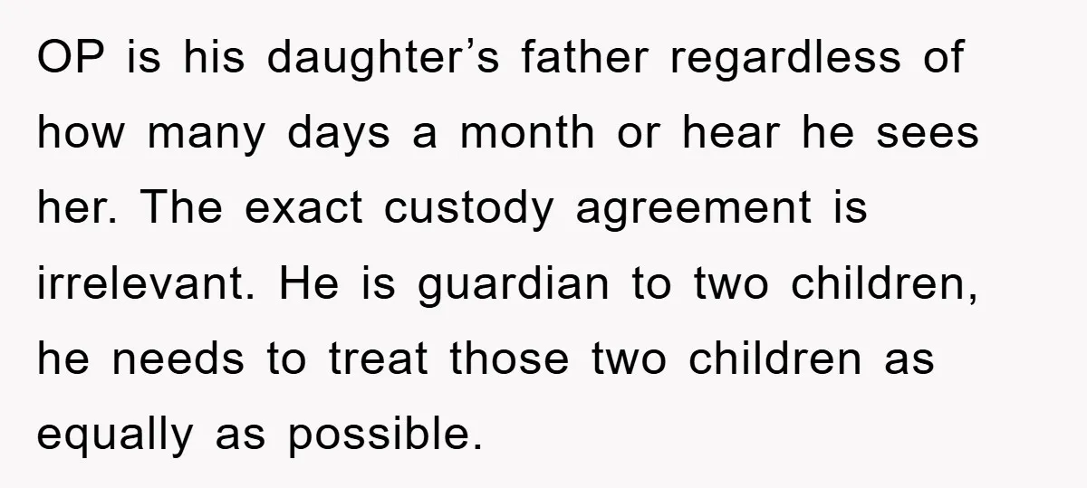 OP is his daughter’s father regardless of how many days a month or hear he sees her. The exact custody agreement is irrelevant. He is guardian to two children, he...