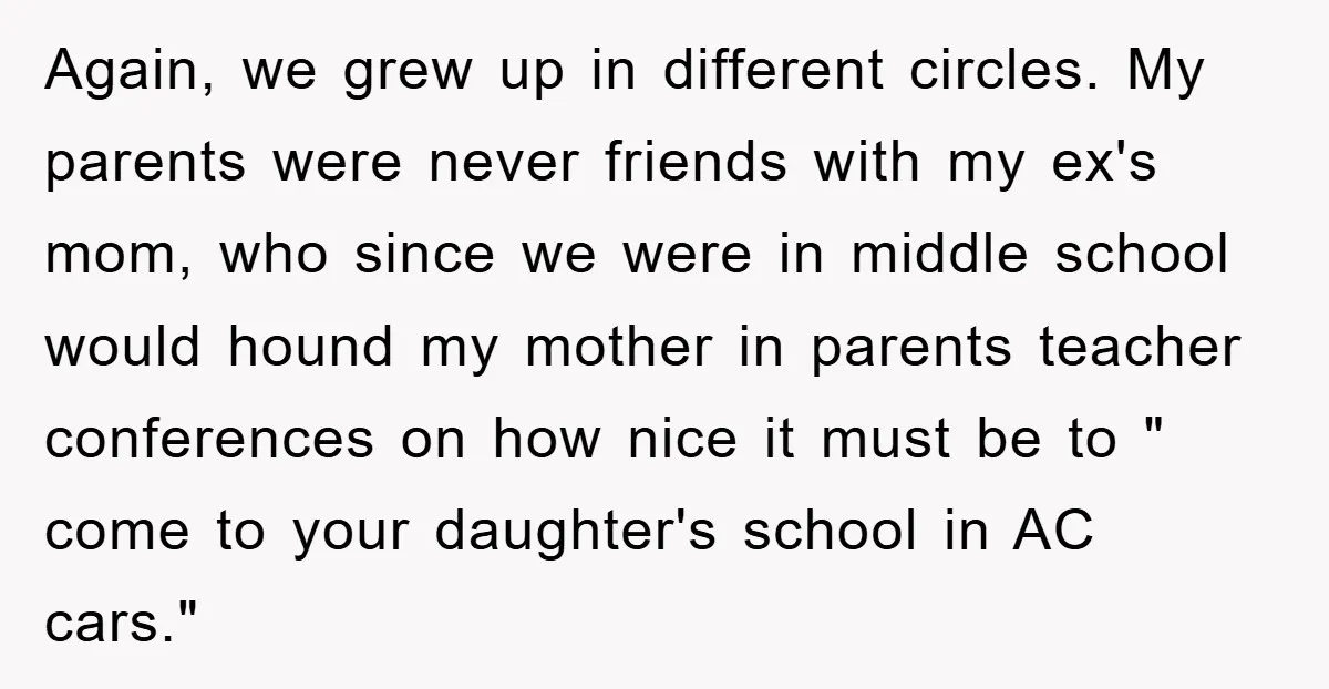 Again, we grew up in different circles. My parents were never friends with my ex's mom, who since we were in middle school would hound my mother in parents teacher...