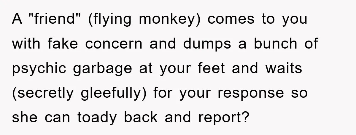 A "friend" (flying monkey) comes to you with fake concern and dumps a bunch of psychic garbage at your feet and waits (secretly gleefully) for your response so she can...