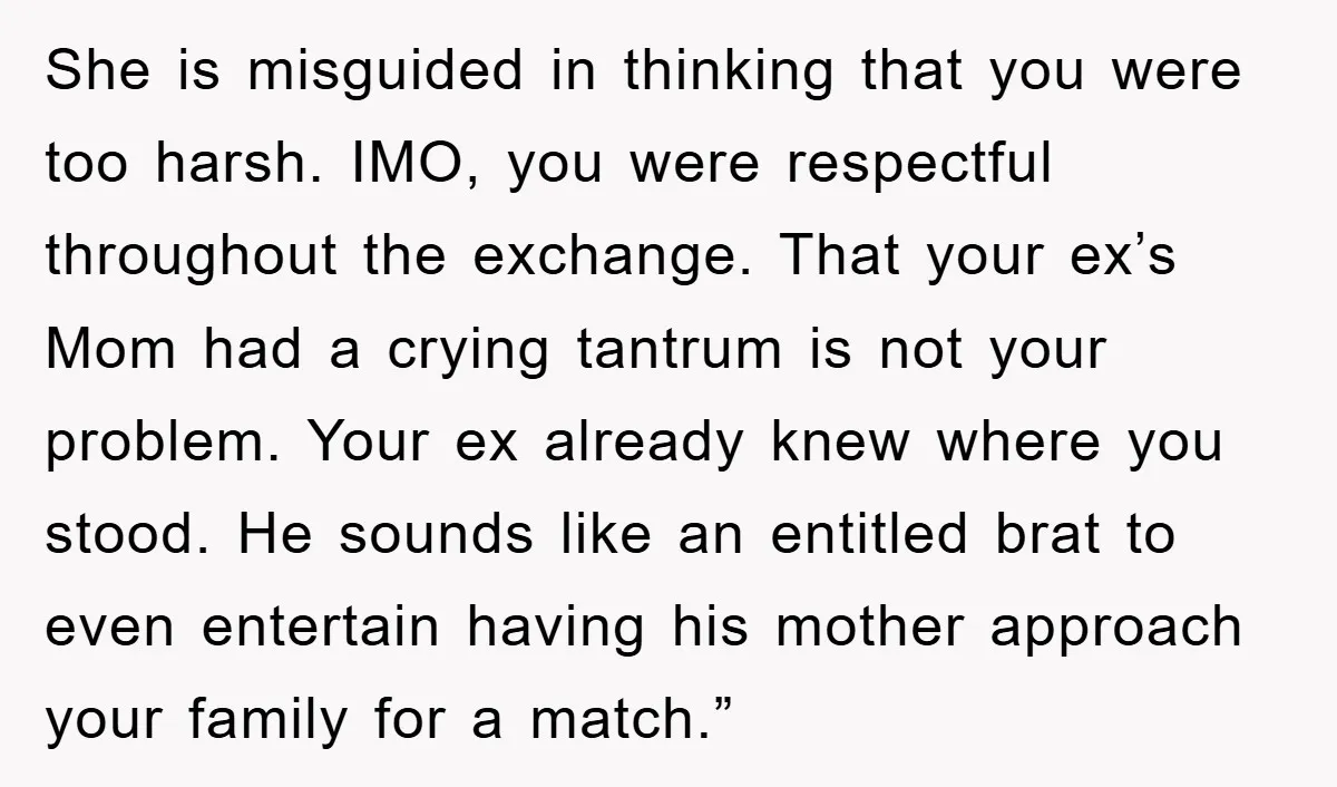 She is misguided in thinking that you were too harsh. IMO, you were respectful throughout the exchange. That your ex’s Mom had a crying tantrum is not your problem. Your...